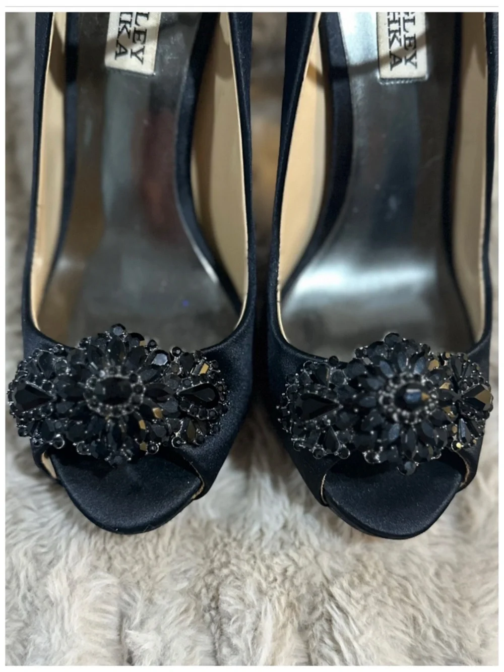 Badgley Mischka Black Satin Crystal Peep Toe Heels ~ Size 6.5 ~ Item #SH334